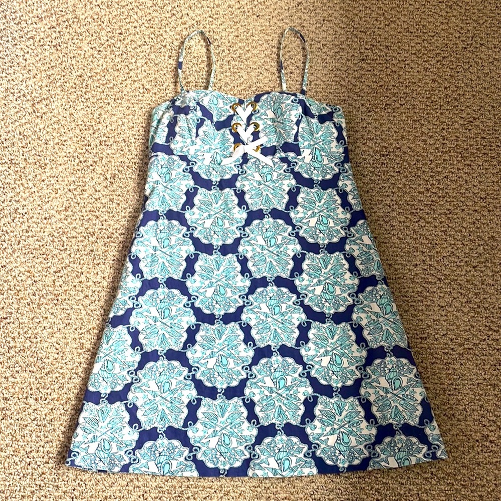 Lily Pulitzer Rilee Hey Sailor Blue White Lace Up Mermaid Print Dress